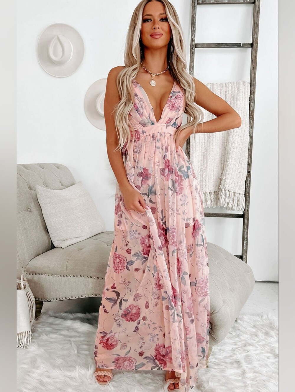Blushing Peony Pink Floral Sleeveless Maxi Dress With V-Neck - Picture 7 of 11